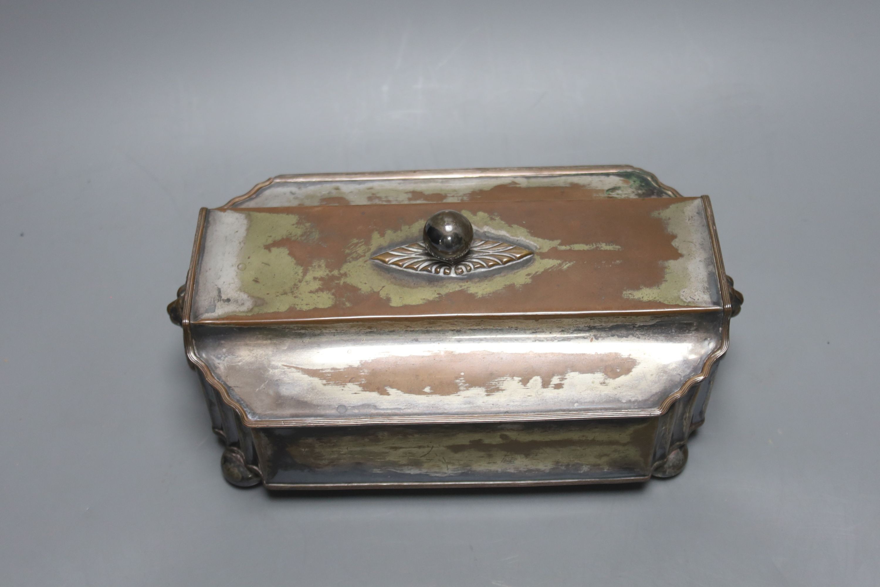 A Victorian Sheffield silver plate on copper lidded inkstand 24cm